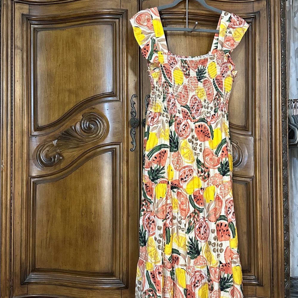 Anthropolgie By The River Tropical Fruit Print Cottagecore Ruffle Sleeve Dress L